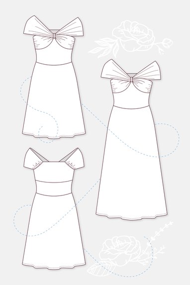 Schnittmuster Damenkleid Aurora mit Carmenausschnitt und Maxirock-Variante