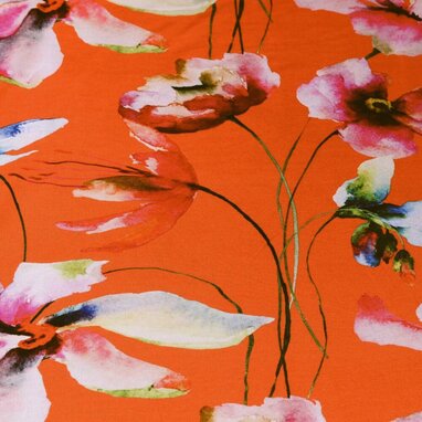 Viskosejersey Digitaldruck Aquarellblumen Orange